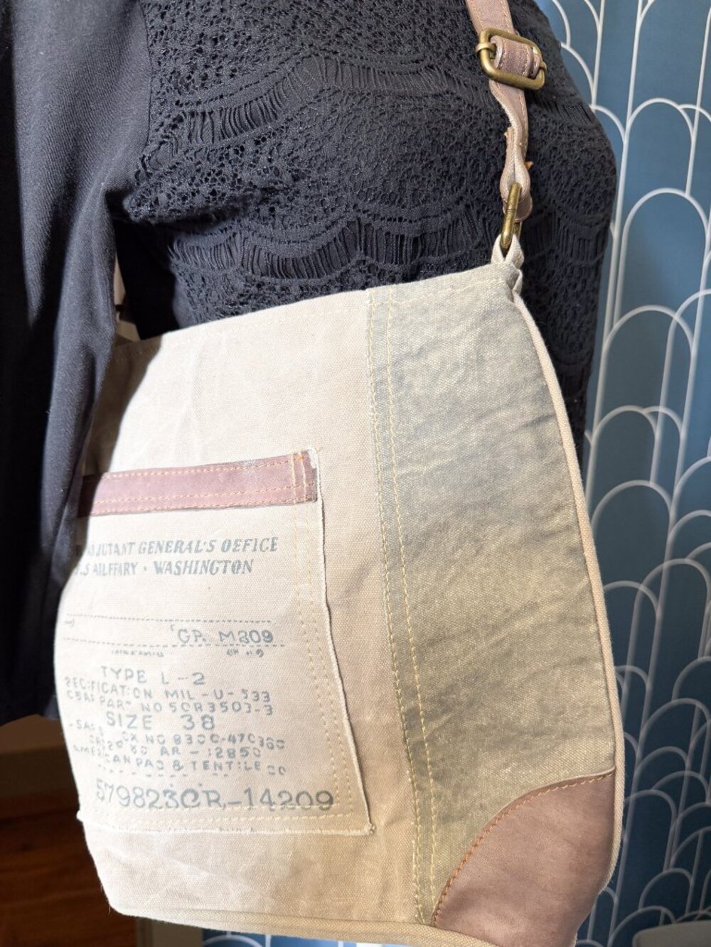 Mona B “Identified” Upcycled Canvas Crossbody Bag Vegan Leather Distressed - Picture 2 of 10